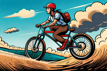 A man is cycling with red helmet on the beach and a view of the beach. Comic Style Generative AI