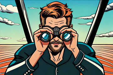 A man is watching something with binoculars on top of the watchtower. Comic style Generative AI