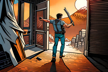 a man with a sword in hand opened the door and looked out. Comic style Generative AI