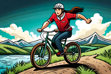 A woman with red clothing was traveling by bicycle on the edge of the lake