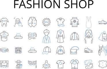 Fashion shop line icons collection. Clothing store, Style boutique, Apparel outlet, Trendy emporium, Fashion marketplace, Chic store, Clothing emporium vector and linear illustration. Stylish boutique