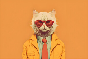 A realistic portrait illustration of an anthropomorphic white fluffy cat wearing glasses and a yellow jacket and tie | Retro style