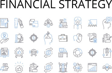 Naklejka na ściany i meble Financial strategy line icons collection. Marketing plan, Business model, Legal framework, Investment portfolio, Procurement process, Sales strategy, Brand identity vector and linear illustration