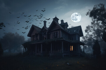 Haunted House and Full Moon in the background Generative AI
