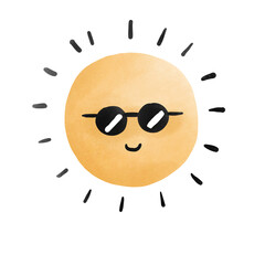 Sun drawing in cartoon character watercolor style.