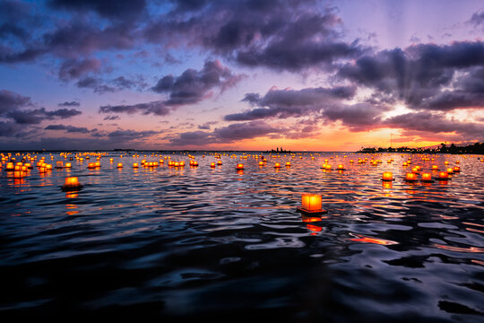 The Floating Lantern Memorial ceremony held off Magic Island, Oahu with personal message on reusable lanterns