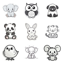 Happy Animals Stickers , 9 Different Types Classic Vintage Animals Cartoon Stickers For Logo And Coloring , Vector