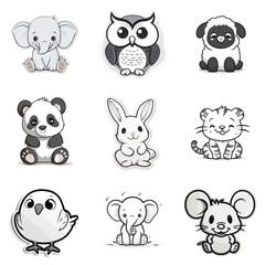 Obraz premium Happy Animals Stickers , 9 Different Types Classic Vintage Animals Cartoon Stickers For Logo And Coloring , Vector