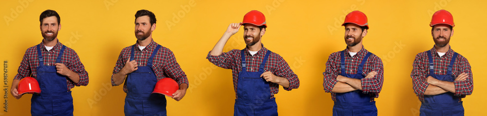 Canvas Prints Photos of builder on orange background, collage design