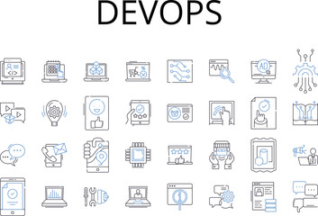 DevOps line icons collection. Agile development, Cloud computing, Digital transformation, Continuous learning, Business analytics, Machine learning, Cybersecurity defense vector and linear
