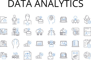 Data Analytics line icons collection. Business Intelligence, Information Management, Knowledge Discovery, Customer Insights, Market Research, Performance Metrics, Predictive Modeling vector and linear
