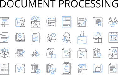 Document processing line icons collection. Report analysis, File management, Data manipulation, Record keeping, Paperwork handling, Document control, Information processing vector and linear