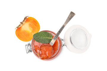 Jar and spoon of tasty persimmon jam with mint, fresh fruit on white background, top view
