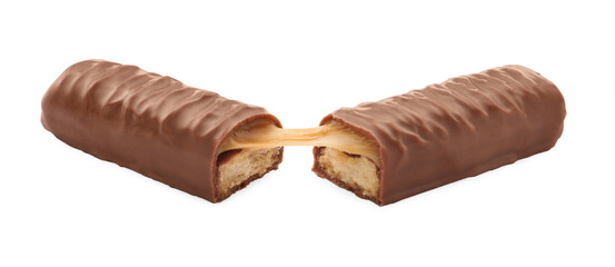 Pieces of chocolate bar with caramel on white background