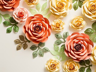 3D Floral Craft Wallpaper with Orange, Rose, Green, and Yellow Flowers - AI Generated
