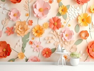 Fototapeta na wymiar 3D Floral Craft Wallpaper with Orange, Rose, Green, and Yellow Flowers for Kids Room Wall Decor - AI Generated