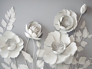 3D Mural Wallpaper with Simple Floral Painting on Light Gray Background - AI Generated