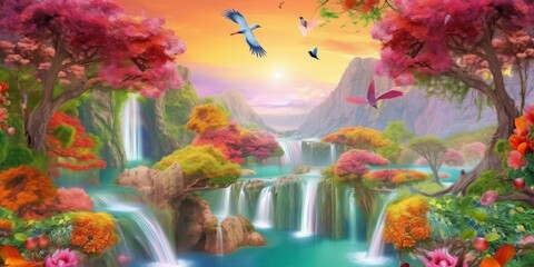 Obraz na płótnie Canvas 3D Mural Colorful Landscape with Flowers, Trees, Waterfall, and Flying Birds - AI Generated