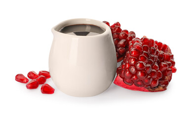 Tasty pomegranate sauce and fresh ripe fruit on white background