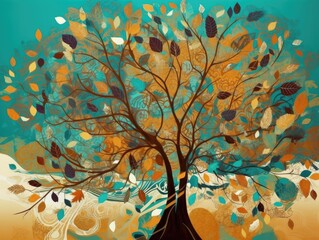 Obraz na płótnie Canvas Colorful Tree with Turquoise, Blue, and Brown Leaves and Golden Objects - AI Generated