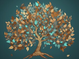 Colorful Tree with Turquoise, Blue, and Brown Leaves and Golden Objects - AI Generated