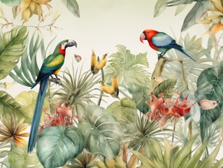 Tropical Paradise Wallpaper with Watercolor Hawaiian Landscape - AI Generated