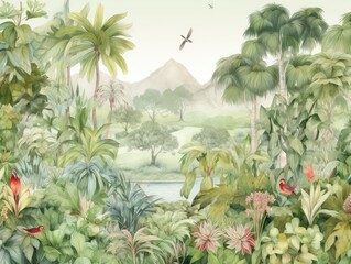 Tropical Paradise Wallpaper with Watercolor Hawaiian Landscape - AI Generated