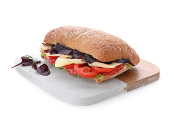 Delicious sandwich with cheese, salami, tomato isolated on white