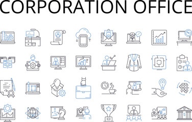 Corporation office line icons collection. Company headquarters, Business center, Enterprise hub, Management center, Administrative building, Business campus, Corporate compound vector and linear