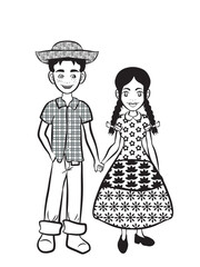 Couple holding hands wearing farmer costumes from the Brazilian Festa Junina. Black and White design. Vector illustration isolated on transparent background.