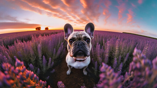 Generative Ai image of a cute french bulldog surrounded by a field of flowers