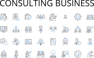 Consulting business line icons collection. Accounting firm, Advertising agency, Architecture firm, Asset management, Brand agency, Business advisory, Communications agency vector and linear