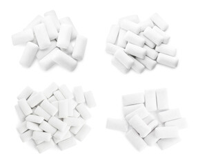 Piles of chewing gum pads on white background, top view. Collage design