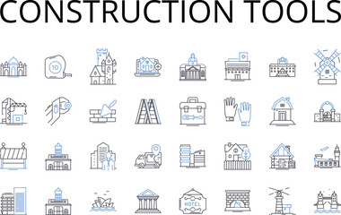 Construction tools line icons collection. Bulldozer, Excavator, Crane, Concrete mixer, Scaffolding, Dump truck, Backhoe vector and linear illustration. Jackhammer,Cement truck,Power drill outline