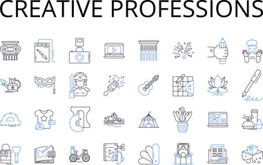 Creative professions line icons collection. Fashion industry, Media careers, Artistic jobs, Innovative fields, Inventive vocations, Visionary occupations, Groundbreaking work vector and linear