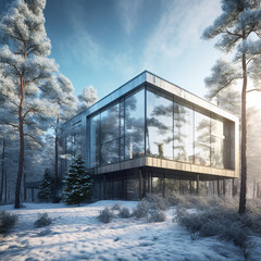 A glass building in the middle of a snowy forest Generative Ai