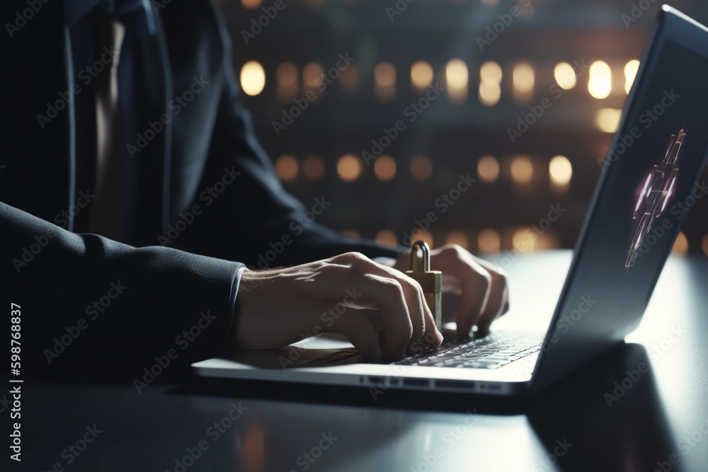 Poster businessman using laptop secure encryption technology secure encryption technology concept