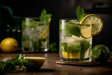 Summer healthy lemonade, cocktails of citrus infused water or mojitos. AI generated, human enhanced
