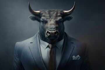 An anthropomorphic bull dressed in a business suit like a boss. AI generated, human enhanced