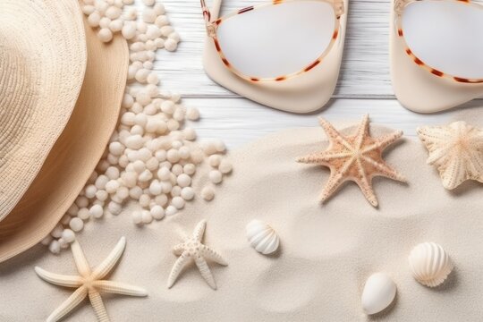 Beach accessories on wooden board, summer holiday banner. AI generated, human enhanced.