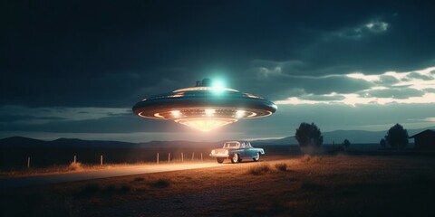 Fototapeta na wymiar Photorealistic UFO in the sky at night. AI generated, human enhanced