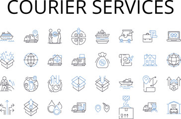 Obraz na płótnie Canvas Courier services line icons collection. Freight delivery, Mail carriers, Package transports, Shipment handlers, Express shipments, Delivery agents, Parcel couriers vector and linear illustration