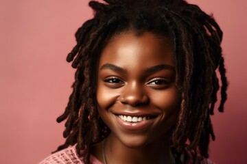 Portrait of a african woman with dreadlocks smiling at the camera in a studio. AI generated, human enhanced