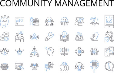 Community management line icons collection. Employee engagement, Brand marketing, Project coordination, Customer service, Social media, Content creation, Talent acquisition vector and linear