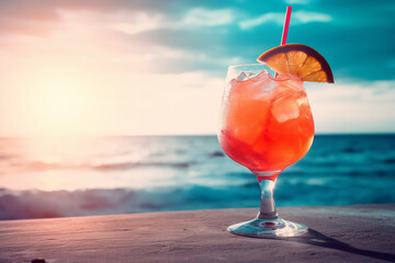 Glass of cocktail on the beach, sunlight. Generative AI