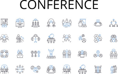 Conference line icons collection. Meeting, Assembly, Symposium, Convention, Rallying, Gathering, Summit vector and linear illustration. Convocation,Seminar,Forum outline signs set
