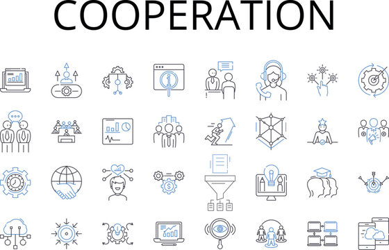 Cooperation line icons collection. Assistance, Collaboration, Partnership, Unity, Accordance, Fellowship, Association vector and linear illustration. Synergy,Concatenation,Togetherness Generative AI