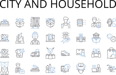 City and household line icons collection. ity, Metropolis, Urban center, Megalopolis, Municipality, Capital, Town vector and linear illustration. Village,Burg,Community outline signs set Generative AI