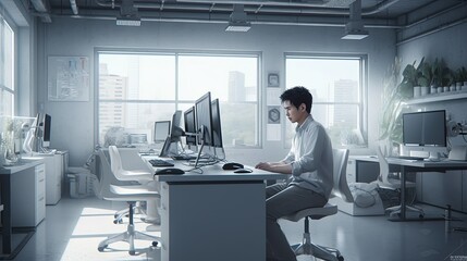 Fototapeta premium worker in office, digital art illustration, Generative AI