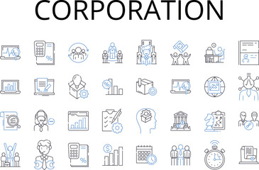 Corporation line icons collection. Business entity, Conglomerate, Company group, Commercial enterprise, Concern organization, Inc undertaking, Joint venture vector and linear Generative AI